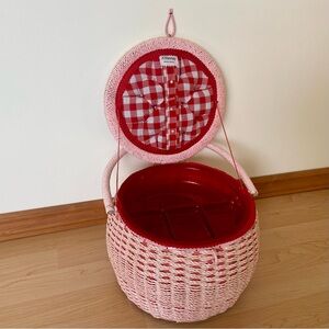 JC Penney Round Sewing Basket with Insert Tray Red Pink White Gingham Vintage